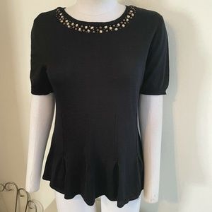 Ellen Tracy Black Peplum Pleated Short Sleeve Embellished Bead Stud Zip Back Top